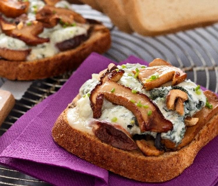 Bruschetta aux cèpes, gorgonzola et noisettes